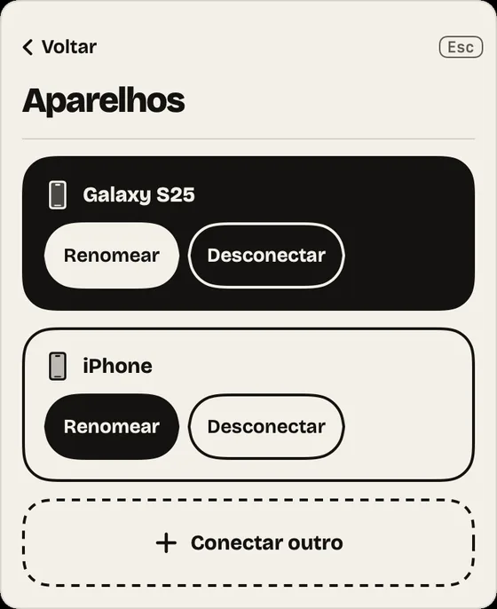 Passo 13: Aparelhos. Renomeie, desconecte ou conecte outro celular. Sem limite de aparelhos.