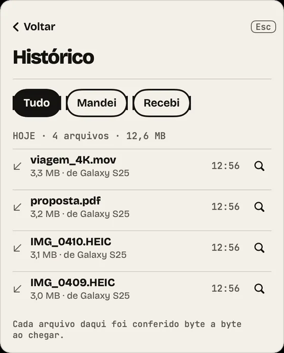 Passo 12: Histórico. Tudo o que entrou e saiu, conferido byte a byte. Filtre por Mandei ou Recebi.