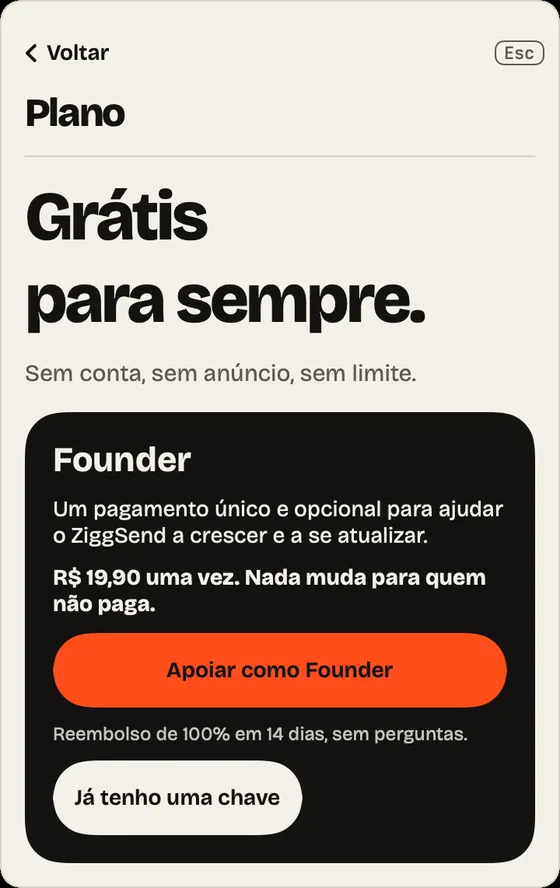 Passo 15: Grátis para sempre. Tudo incluído, sem prazo. O Founder é opcional, só para apoiar.