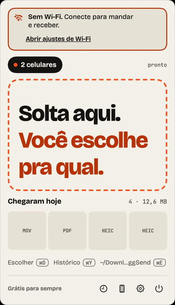 Passo 10: Aviso de Wi-Fi. Sem Wi-Fi, o painel avisa no topo e leva aos ajustes de Wi-Fi.