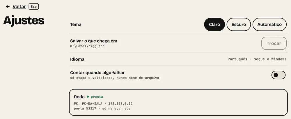Passo 10: Ajustes. Tema, idioma e a pasta onde tudo chega. “Trocar” muda a pasta.