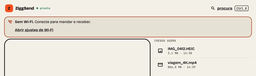 Passo 6: Aviso de Wi-Fi. Sem Wi-Fi, a janela avisa no topo e leva aos ajustes de Wi-Fi.