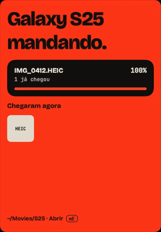 Passo 7: Chegou. O que chegou aparece em “Chegaram agora”. “Abrir” mostra a pasta.