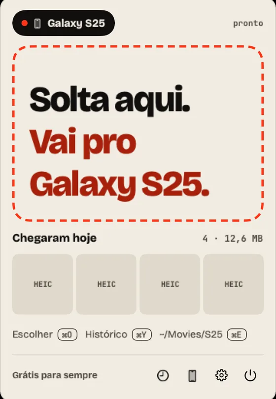 Passo 3: Solte para mandar. Arraste arquivos para “Solta aqui.” ou clique em “Escolher”.