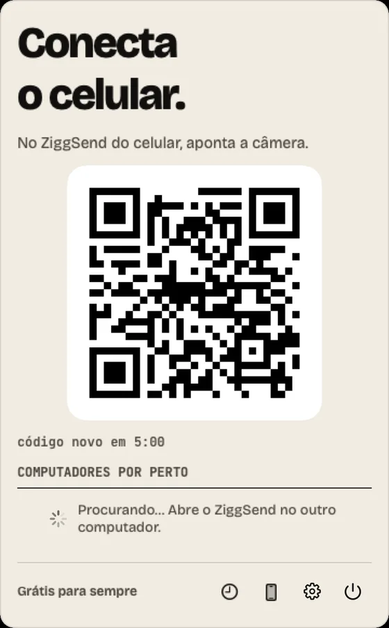 Passo 1: Abra e conecte. Instale, clique no Z da barra de menus e mostre o QR ao celular.