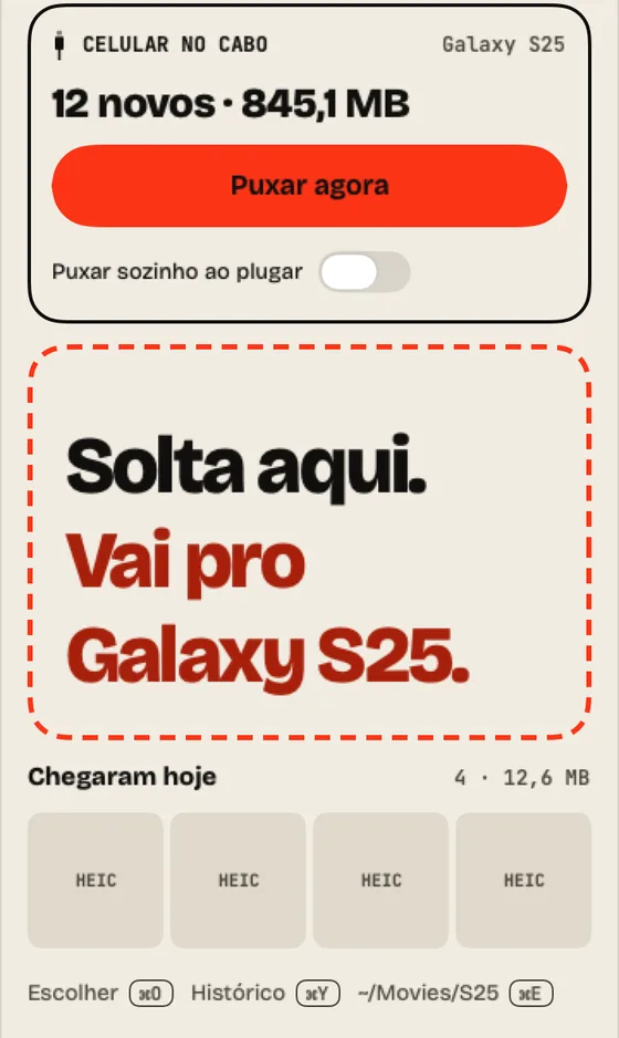 Passo 9: Pelo cabo (Android). Com o Android no cabo, clique em “Puxar agora” para trazer os novos.