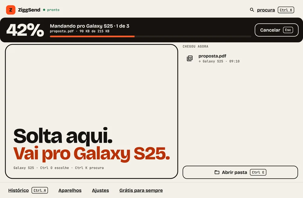 Passo 3: Acompanhe o envio. A faixa do topo mostra o arquivo e o progresso. Dá para cancelar.