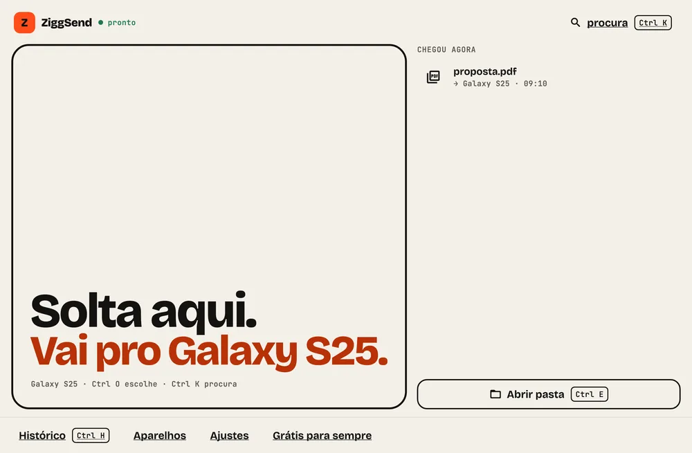 Passo 2: Solte para mandar. Arraste arquivos para “Solta aqui.” ou aperte Ctrl O para escolher.
