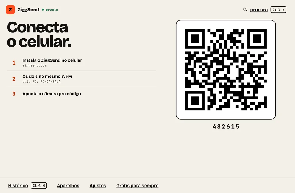 Passo 1: Abra e conecte. Instale pela Microsoft Store, abra e mostre o QR ao celular.