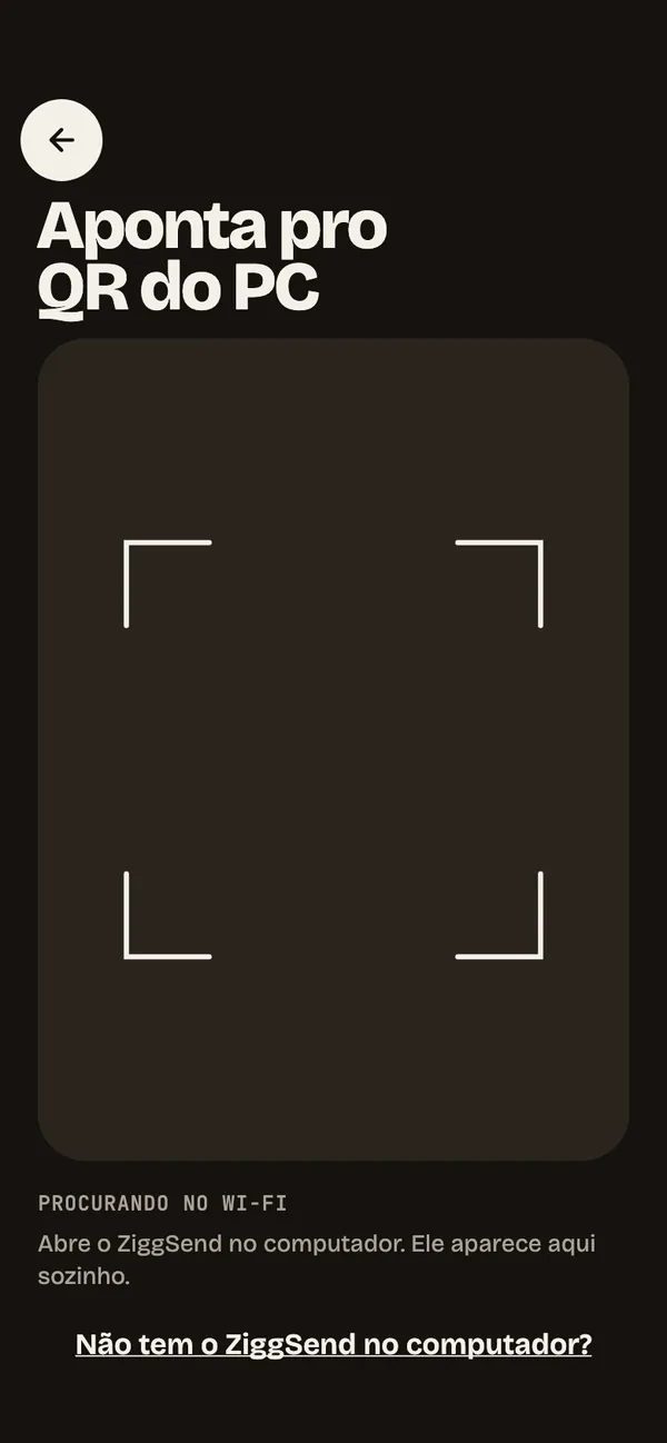 Passo 2: Aponte para o QR. Abra o ZiggSend no computador e aponte a câmera para o código QR.