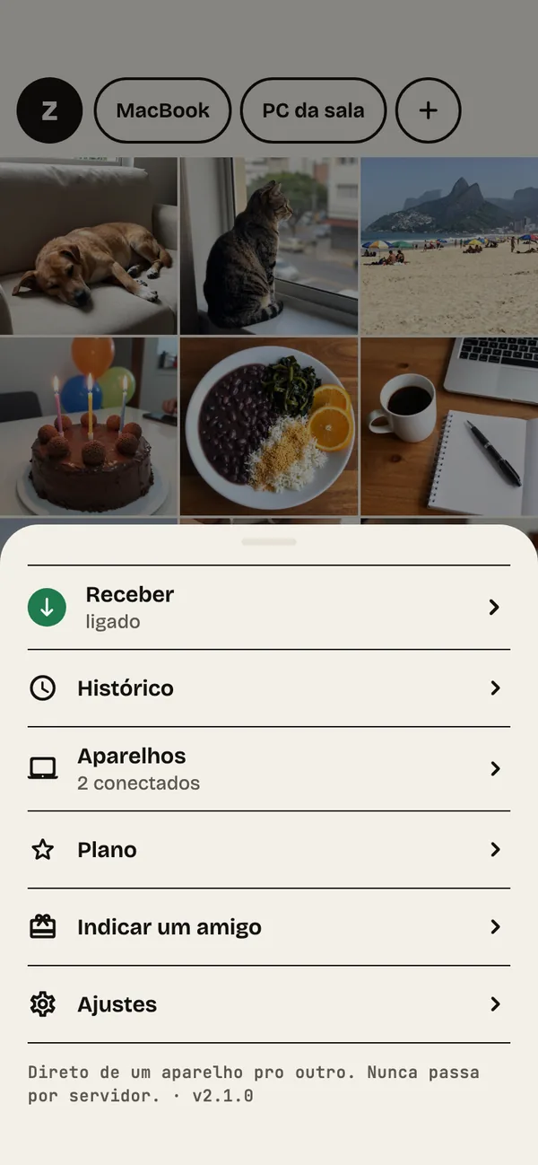Passo 15: O painel Z. Toque no Z para ver Histórico, Aparelhos, Plano e Ajustes.