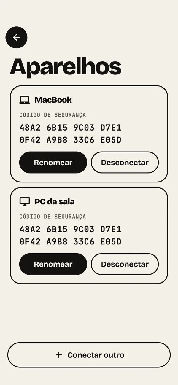 Passo 17: Seus aparelhos. Renomeie ou desconecte cada computador. O código de segurança fica aqui.