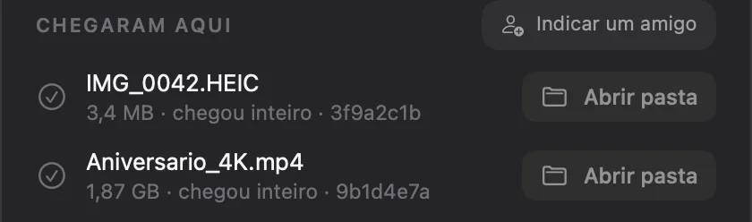 App do ZiggSend no Mac, lista Chegaram aqui: IMG_0042.HEIC, 3,4 MB, chegou inteiro, e um vídeo 4K de 1,87 GB, chegou inteiro, cada um com o começo da impressão digital