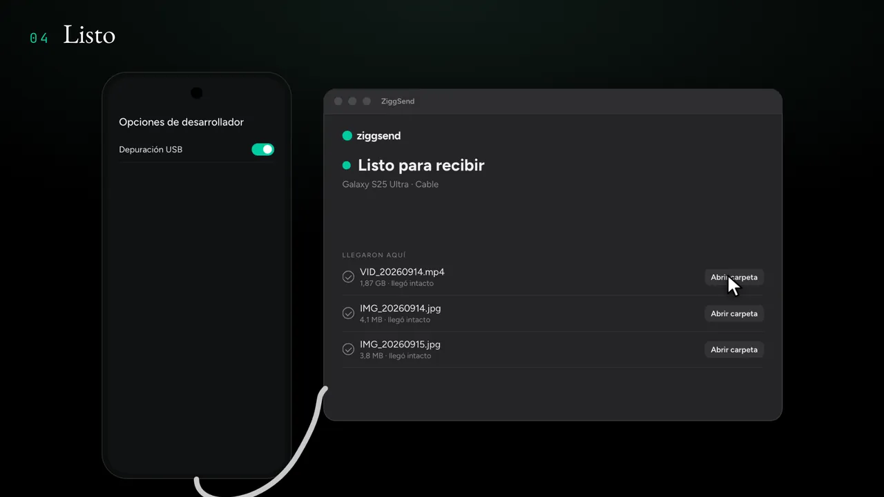 Ventana de ZiggSend en la Mac con los tres archivos que llegaron por cable, cada uno con llegó intacto