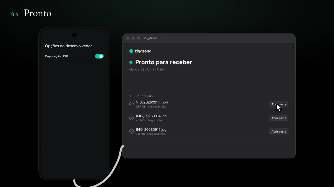 Janela do ZiggSend no Mac com os três arquivos que vieram pelo cabo, cada um com chegou inteiro